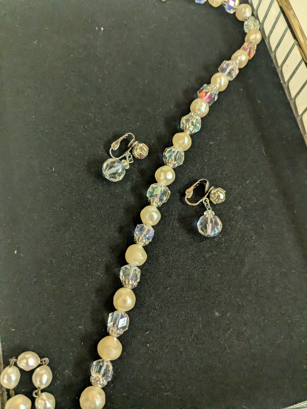 Vintage Pearl & Aurora Borealis Crystal Necklace with Matching Clip-On Earrings